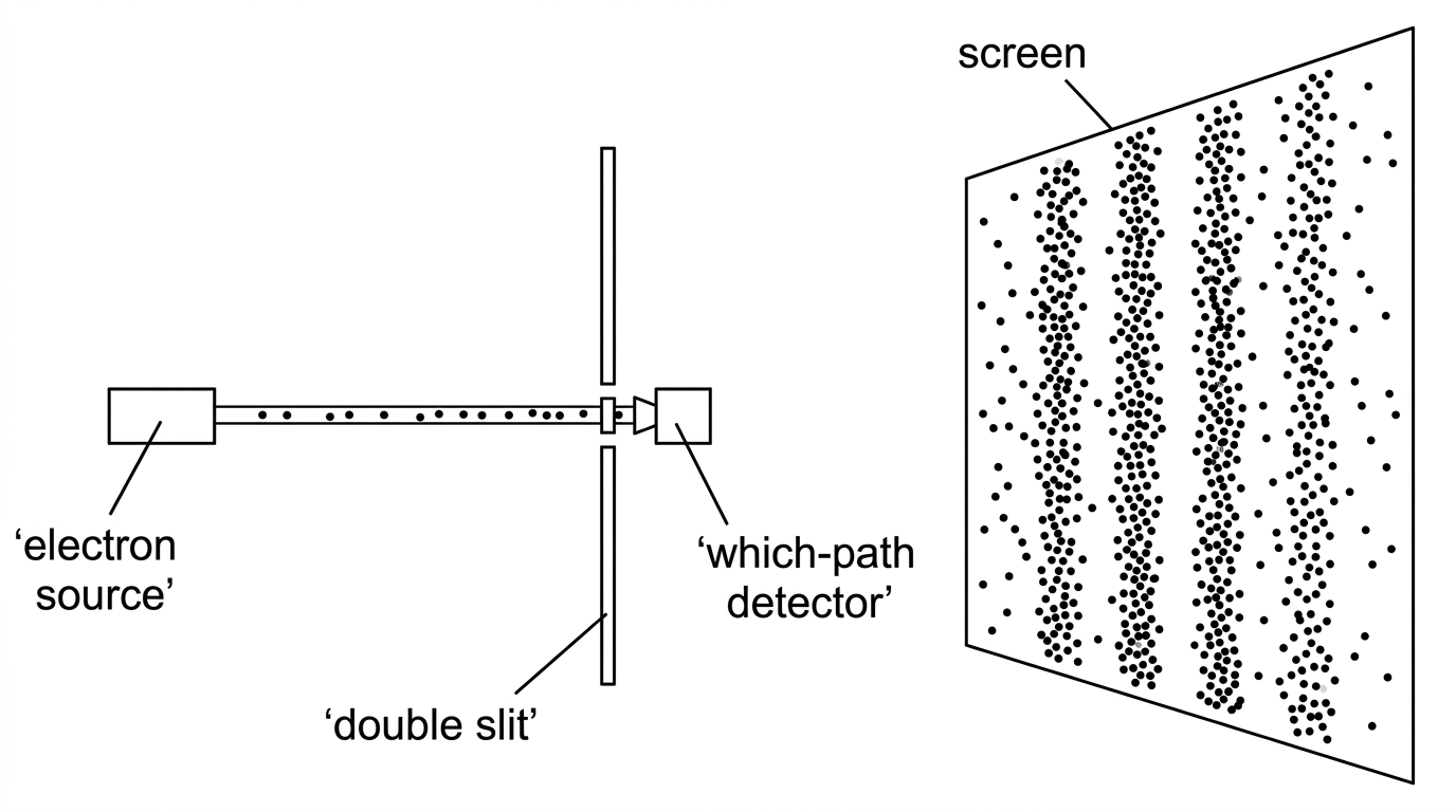 A double-slit electron experiment. Show an electron source, two narrow slits, a distant detection screen with many localized dots forming interference bands, and an optional which-path detector near the slits. Labels include electron source, double slit, screen, localized detections and which-path detector. The figure should not state the interpretation.
