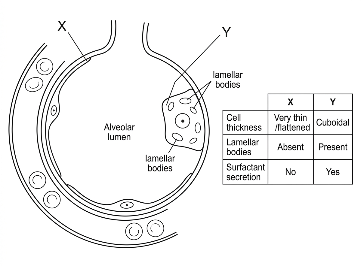 A labelled diagram or micrograph-style stimulus showing an alveolus with two epithelial cell types marked X and Y. One cell type is extremely thin and covers much of the alveolar surface; the other is more cuboidal and contains many lamellar bodies. Include a small table comparing cell thickness, lamellar body abundance and surfactant secretion.