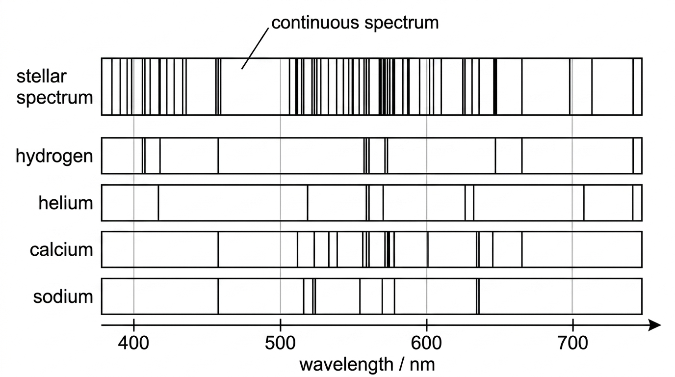 Stellar spectrum with absorption lines compared to labelled laboratory reference spectra for several elements, plus an indication of a continuous background spectrum.