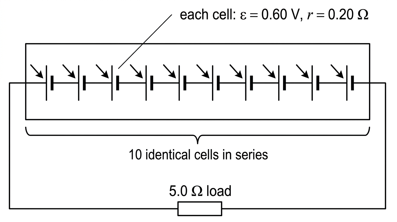A circuit diagram showing a string of identical solar cells connected in series, modelled as a source with total emf and total internal resistance, connected to a single external load resistor. Labels identify the cell emf, cell internal resistance and load resistance.