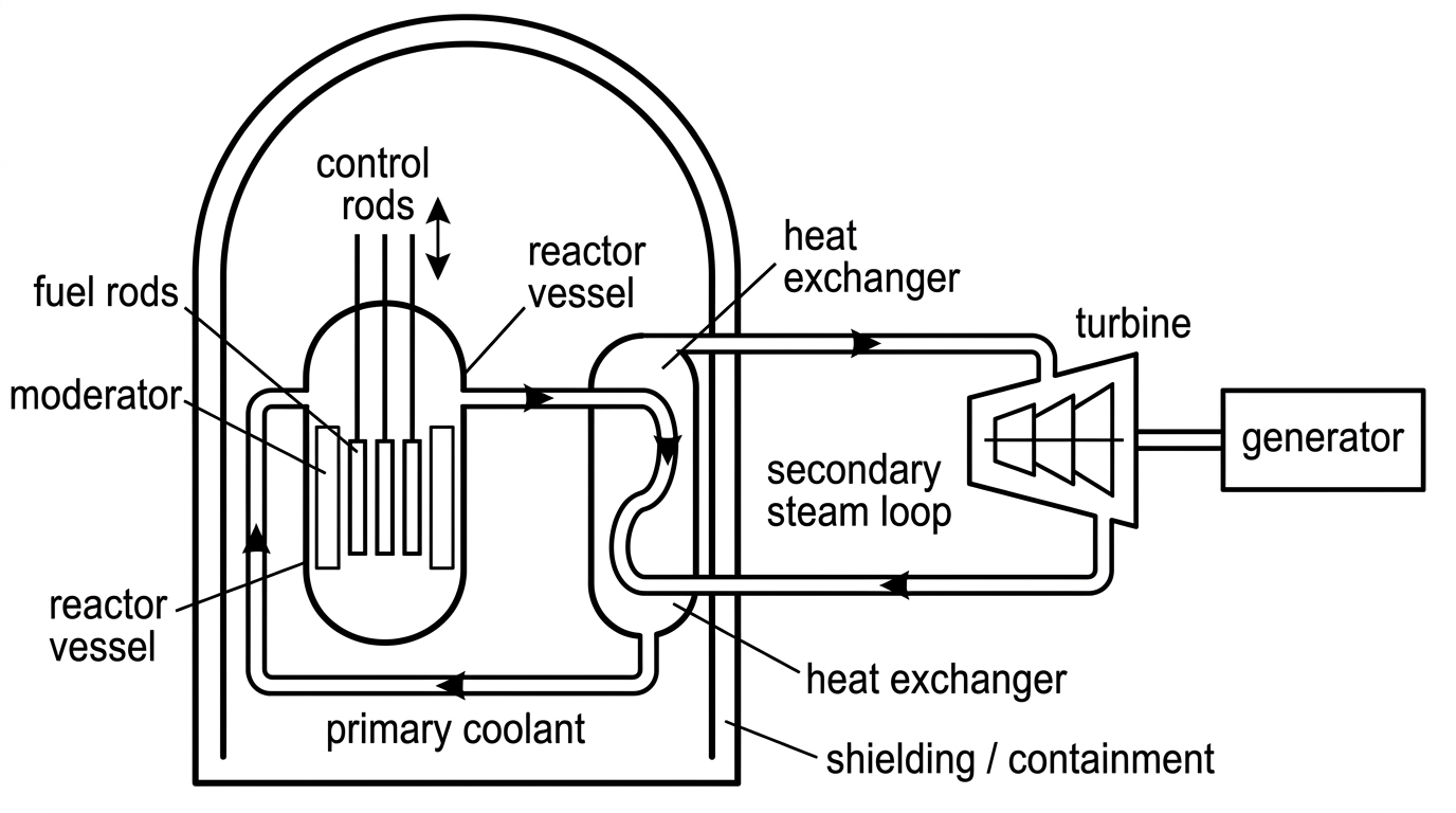 Simplified labelled diagram of a thermal nuclear power station showing fuel rods, moderator region, movable control rods, primary coolant, heat exchanger, secondary steam loop, turbine, generator and shielding/containment. Labels should identify components but not state their functions.