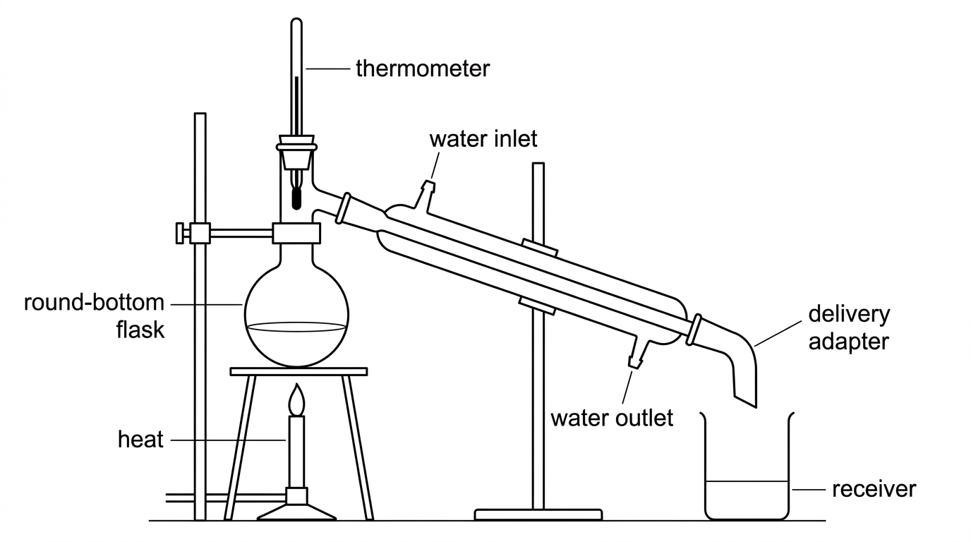 Simple distillation apparatus with heated flask, thermometer, sloping water-cooled condenser, receiver and water inlet/outlet labels; include one clear setup error such as thermometer bulb positioned too high or cooling water connected in the wrong direction.