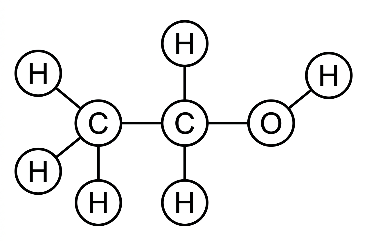 A ball-and-stick model of ethanol with distinct colours for C, H and O atoms and visible single bonds.