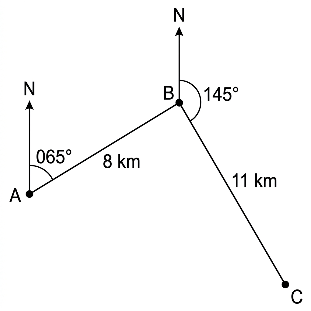 A bearing diagram showing points A, B and C connected by two journey legs. North lines are drawn at A and B. The bearing at A for AB and the bearing at B for BC are labelled. The lengths AB and BC are labelled.