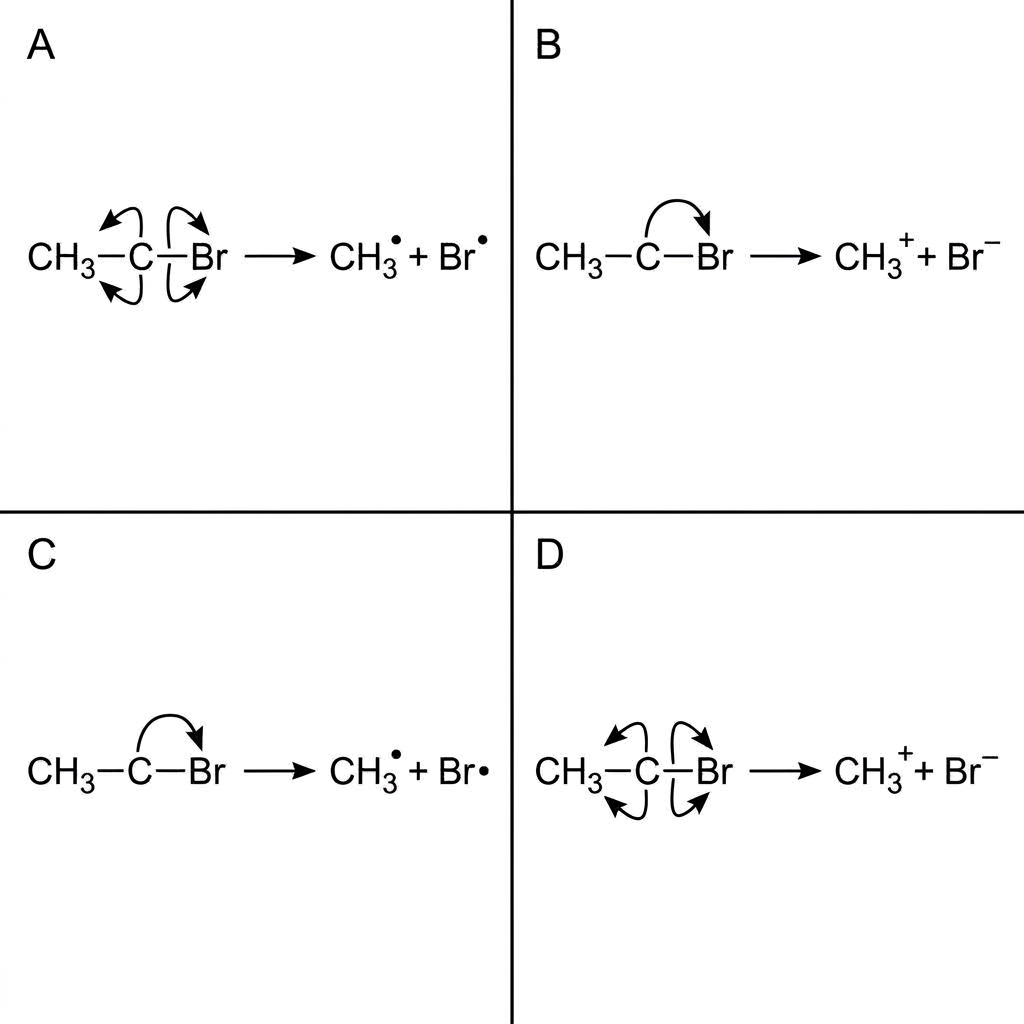 Four labelled diagrams, A to D, showing possible breaking of the C-Br bond in bromomethane. The diagrams differ in whether a double-barbed curly arrow or single-barbed fish-hook arrows are used and whether the products are ions or radicals. The correct heterolytic representation is included but not indicated.