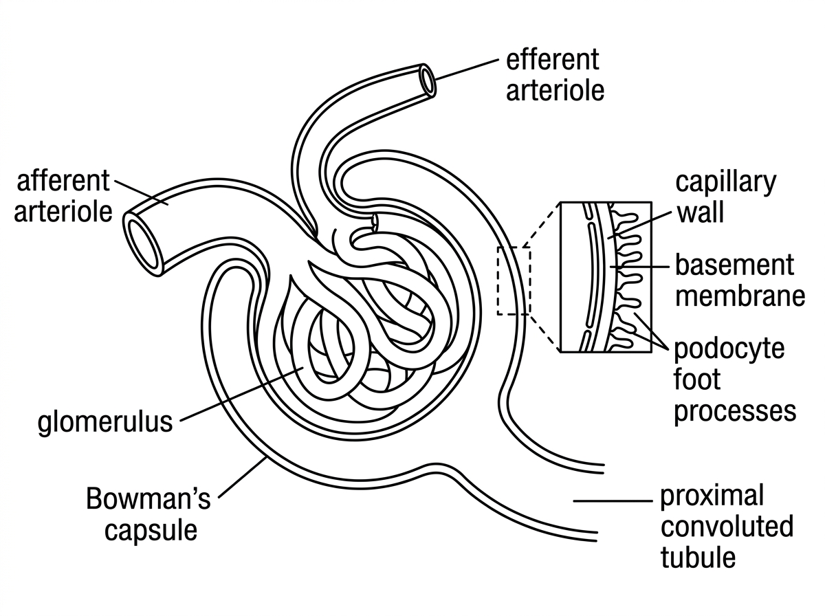 Labelled diagram of glomerulus within Bowman’s capsule with afferent arteriole, efferent arteriole, capillary wall, basement membrane, podocyte foot processes and start of proximal convoluted tubule.