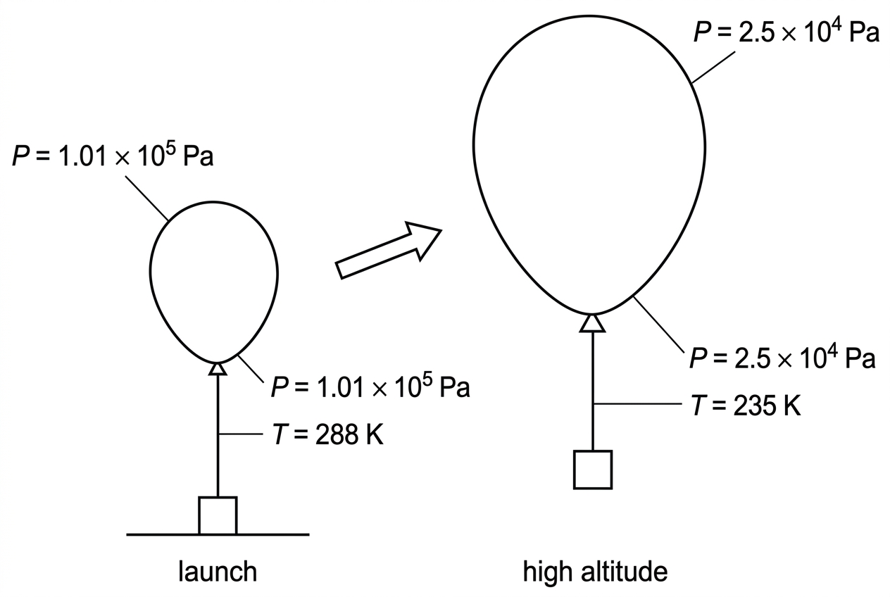 A two-stage diagram of a weather balloon at launch and at high altitude. The launch balloon is smaller and labelled with sea-level pressure and temperature; the high-altitude balloon is larger and labelled with lower pressure and lower temperature. No calculated volume should be shown.