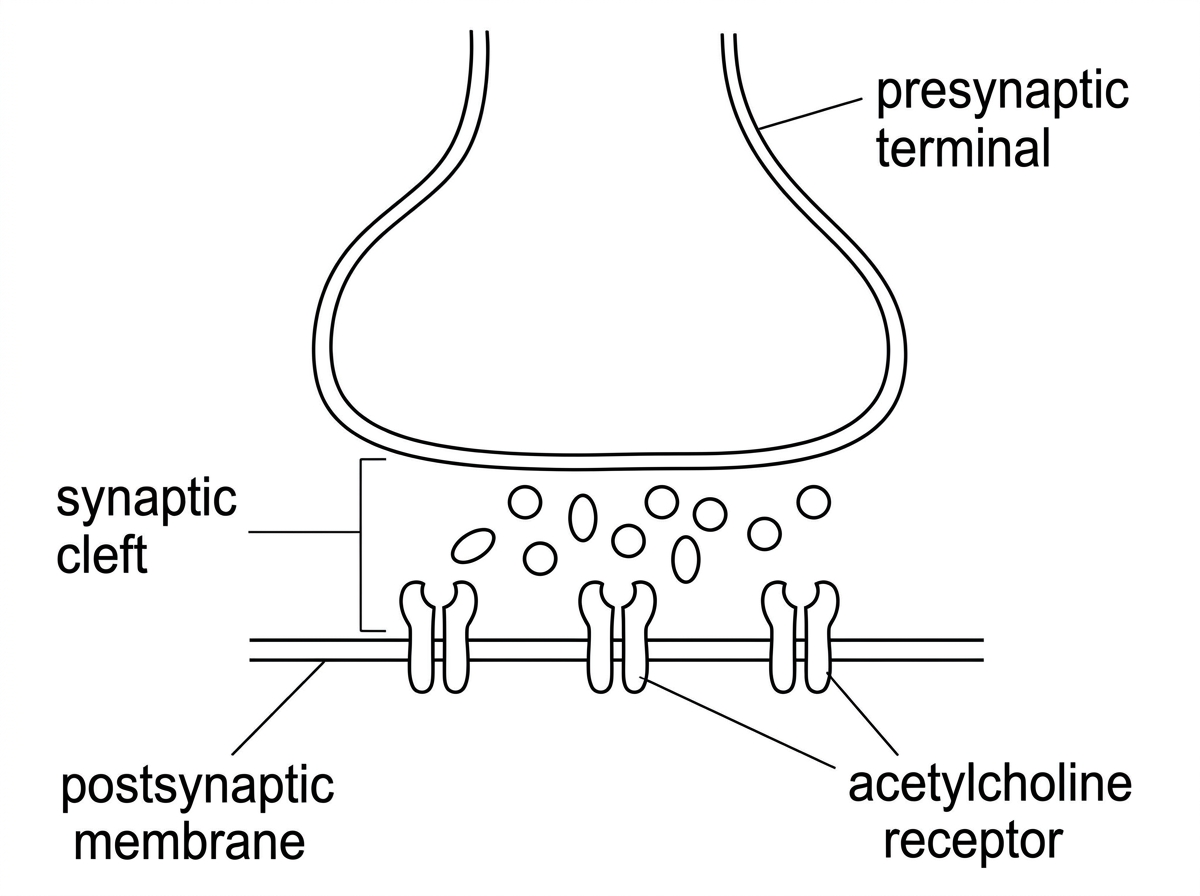 An IB-style diagram of a presynaptic terminal, synaptic cleft and postsynaptic membrane. Acetylcholine molecules are shown in the cleft near receptor proteins in the postsynaptic membrane. The diagram labels the presynaptic terminal, synaptic cleft, postsynaptic membrane and acetylcholine receptor, without showing ion movement or membrane-potential values.