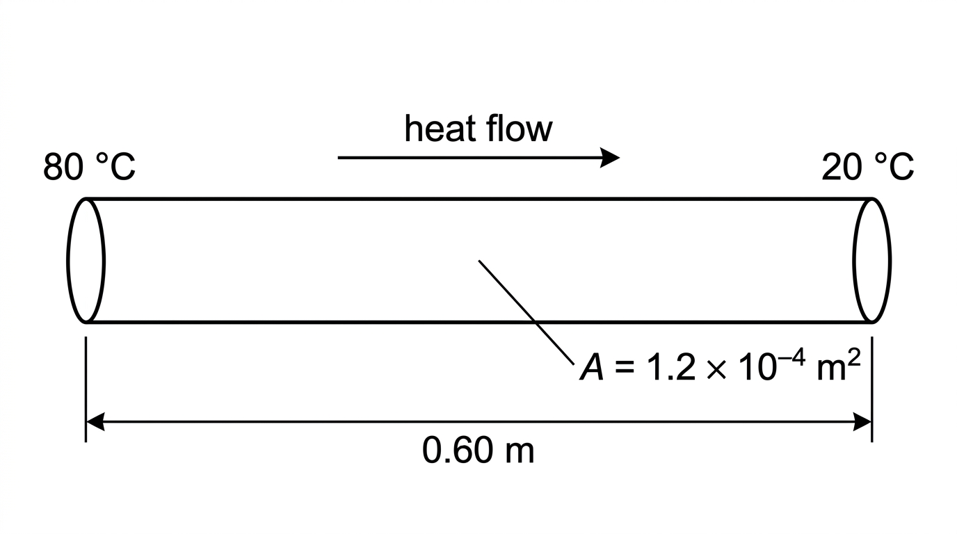 A horizontal cylindrical rod with left end labelled 80 °C, right end labelled 20 °C, length and cross-sectional area indicated, and an arrow for heat flow.