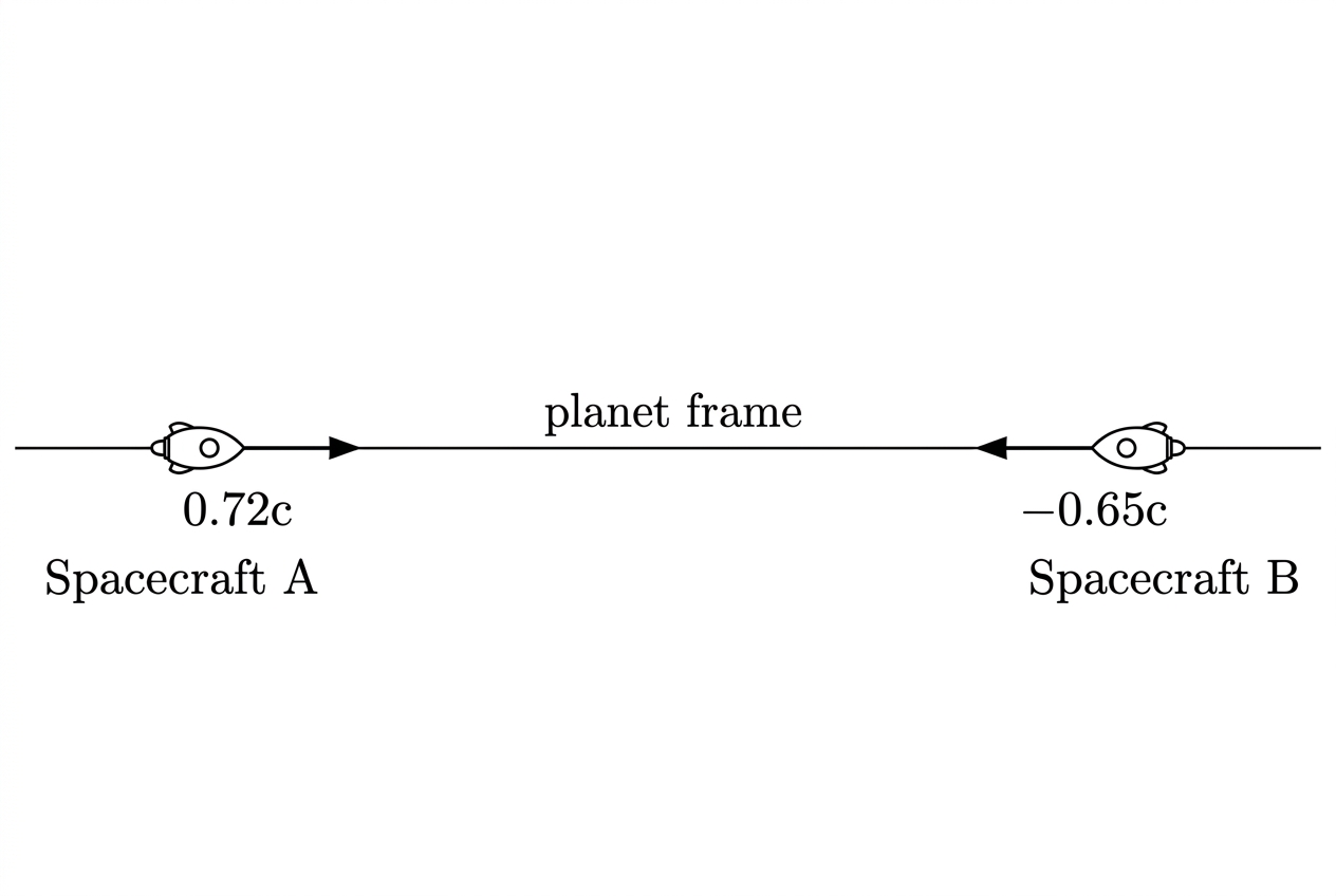 A horizontal one-dimensional diagram with a planet frame as reference. Spacecraft A is shown moving to the right labelled +0.72c and spacecraft B moving to the left labelled -0.65c. The two spacecraft are on the same line and moving towards each other. No relative speed is shown.