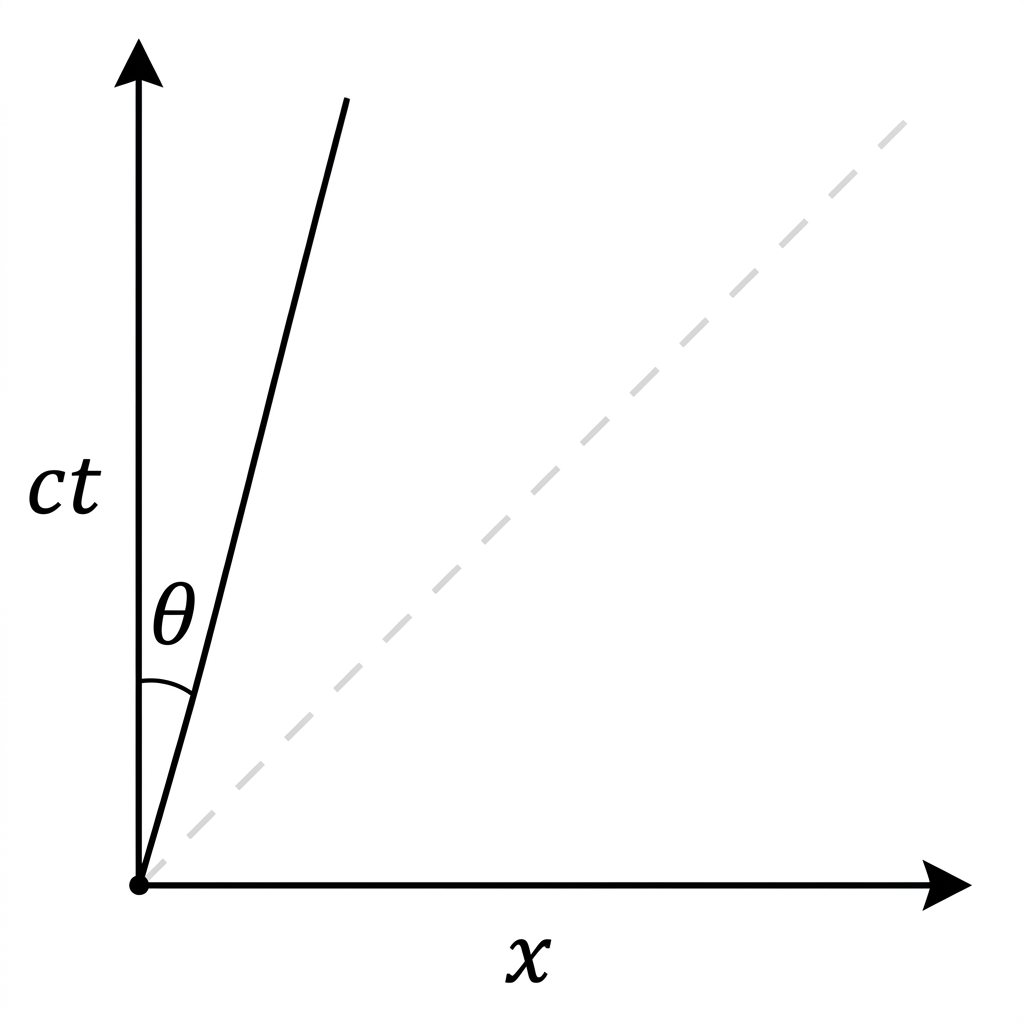 A space-time diagram with a horizontal axis labelled x and a vertical axis labelled ct. A straight world line starts at the origin and tilts slightly toward positive x. The angle between the world line and the vertical ct-axis is labelled theta. A photon reference line at a larger tilt may be shown faintly for comparison, but without numerical values.