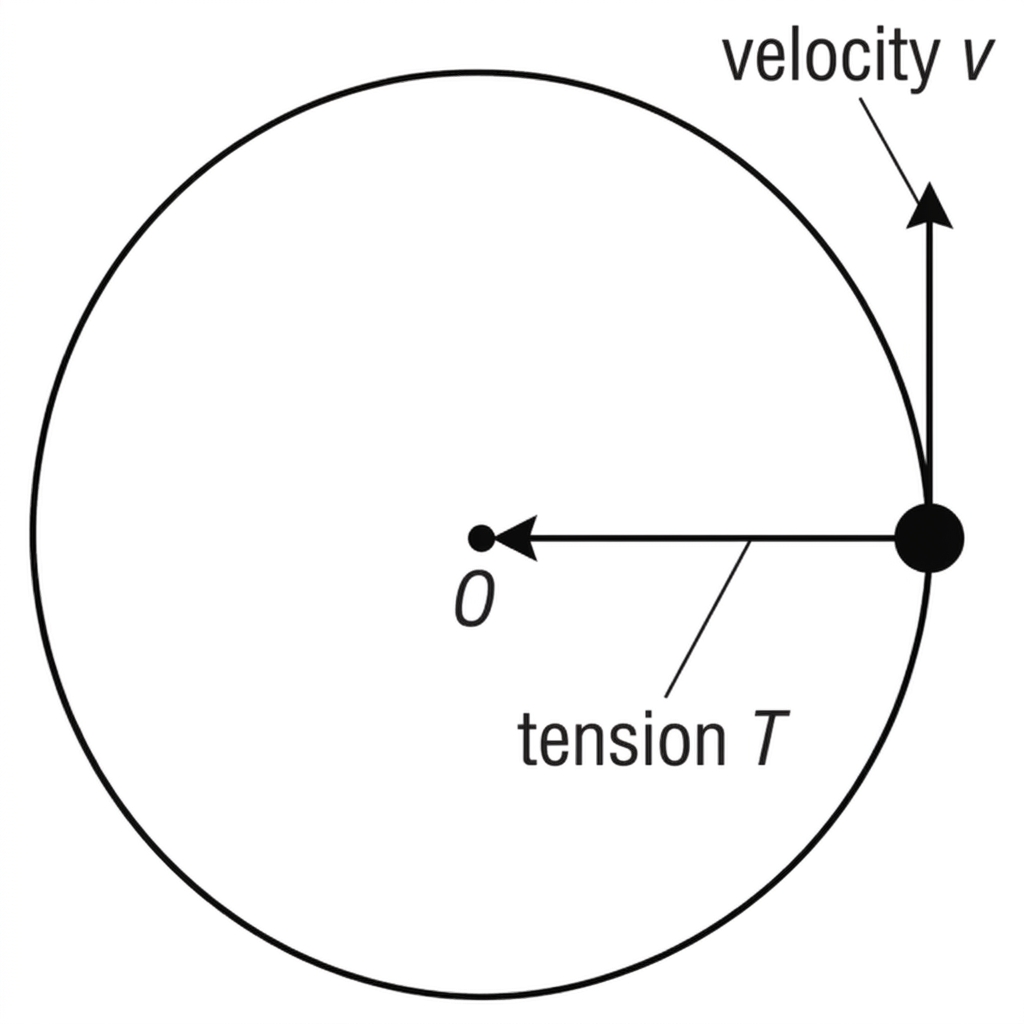 Top-view diagram of an object moving in a circle attached to a string fixed at the centre. At one point on the circular path, the velocity is shown tangential to the circle and the tension is shown radially inward along the string.