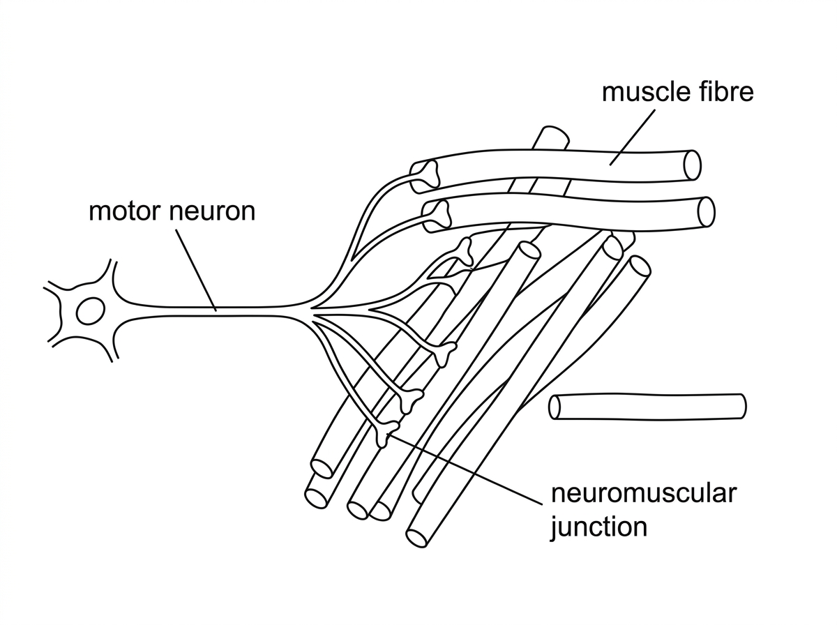 A simplified diagram of a motor neuron entering skeletal muscle and branching to several separate muscle fibres. Each branch forms a neuromuscular junction on a different fibre. Other nearby fibres not supplied by this neuron should be shown intermingled among them. Labels should include motor neuron, muscle fibre and neuromuscular junction, without identifying which fibres contract together.