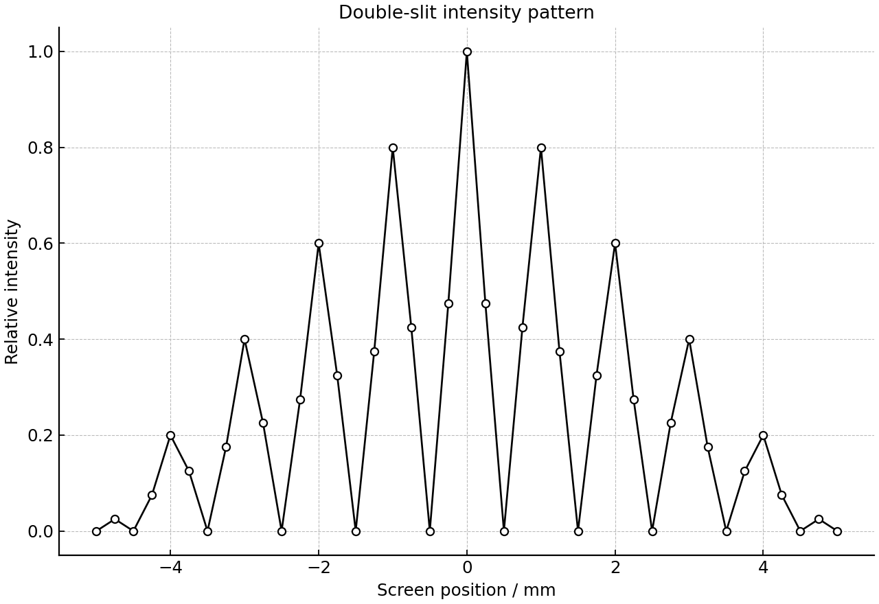 Relative intensity pattern of a double-slit interference pattern modulated by a broader diffraction envelope.