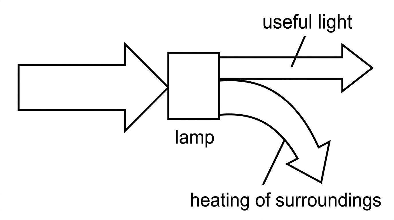 Simple Sankey diagram for a lamp with one input arrow and two output arrows labelled useful light and heating of surroundings; no numerical widths required.