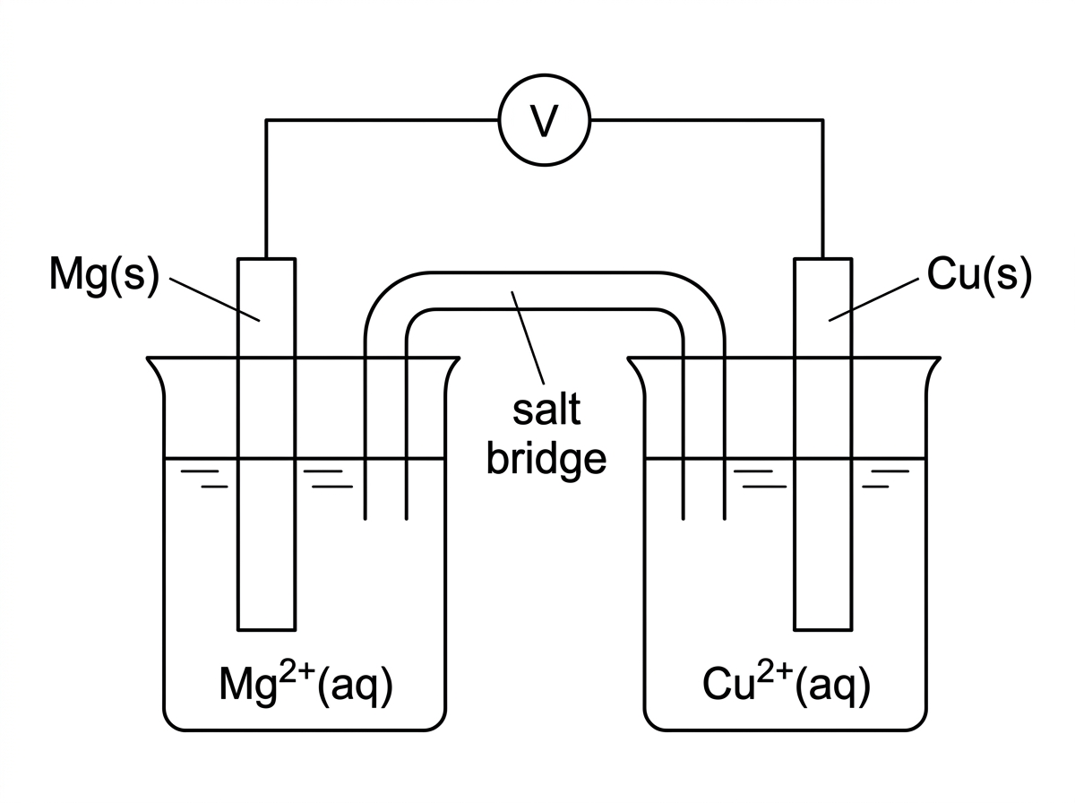 Simple voltaic cell diagram with magnesium and copper half-cells, metal electrodes, solutions containing Mg2+ and Cu2+, external wire with voltmeter, and salt bridge; no arrows for electron or ion movement.
