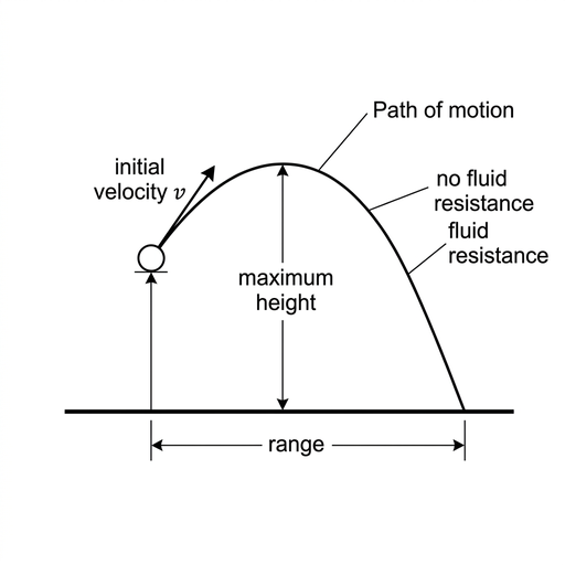 A side-view projectile diagram with horizontal ground. Two trajectories are drawn from the same launch point at the same initial angle: a dashed curve labelled no fluid resistance and a solid curve labelled fluid resistance. The two curves exactly overlap as a single parabolic arc and land at the same point.