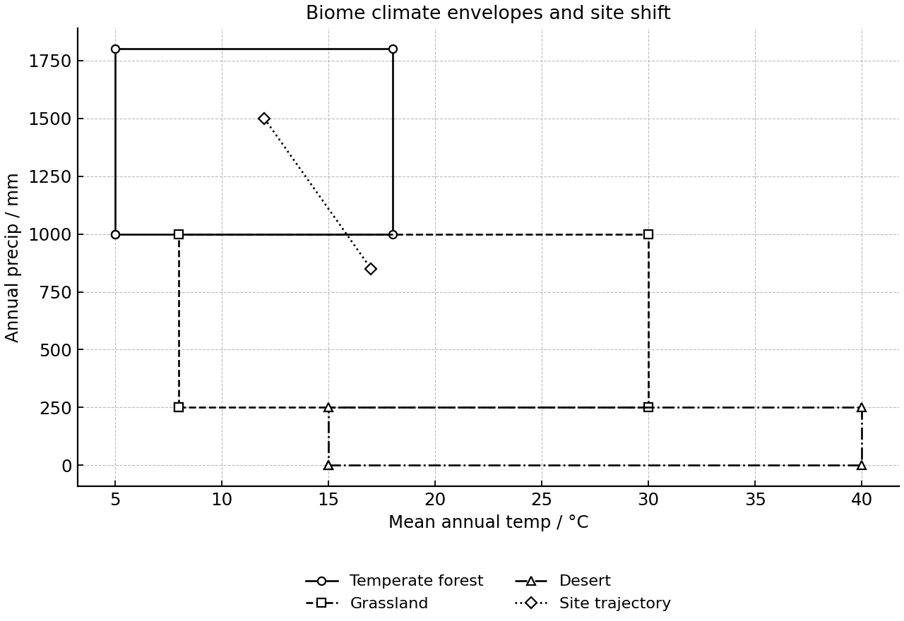 Approximate climate envelopes for three biomes and a site shift.