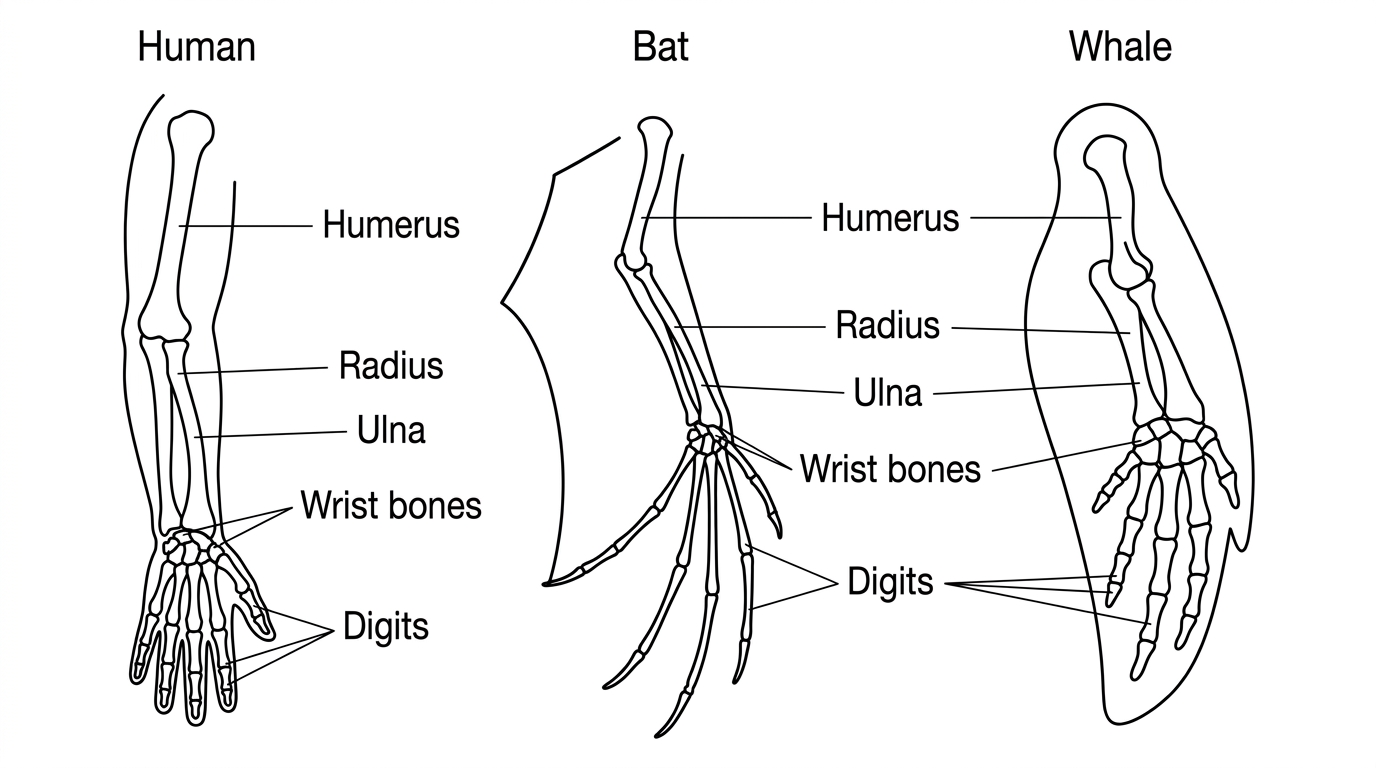 Simple labelled comparison of three vertebrate forelimbs showing the same pentadactyl limb bones in corresponding relative positions but with different external shapes.
