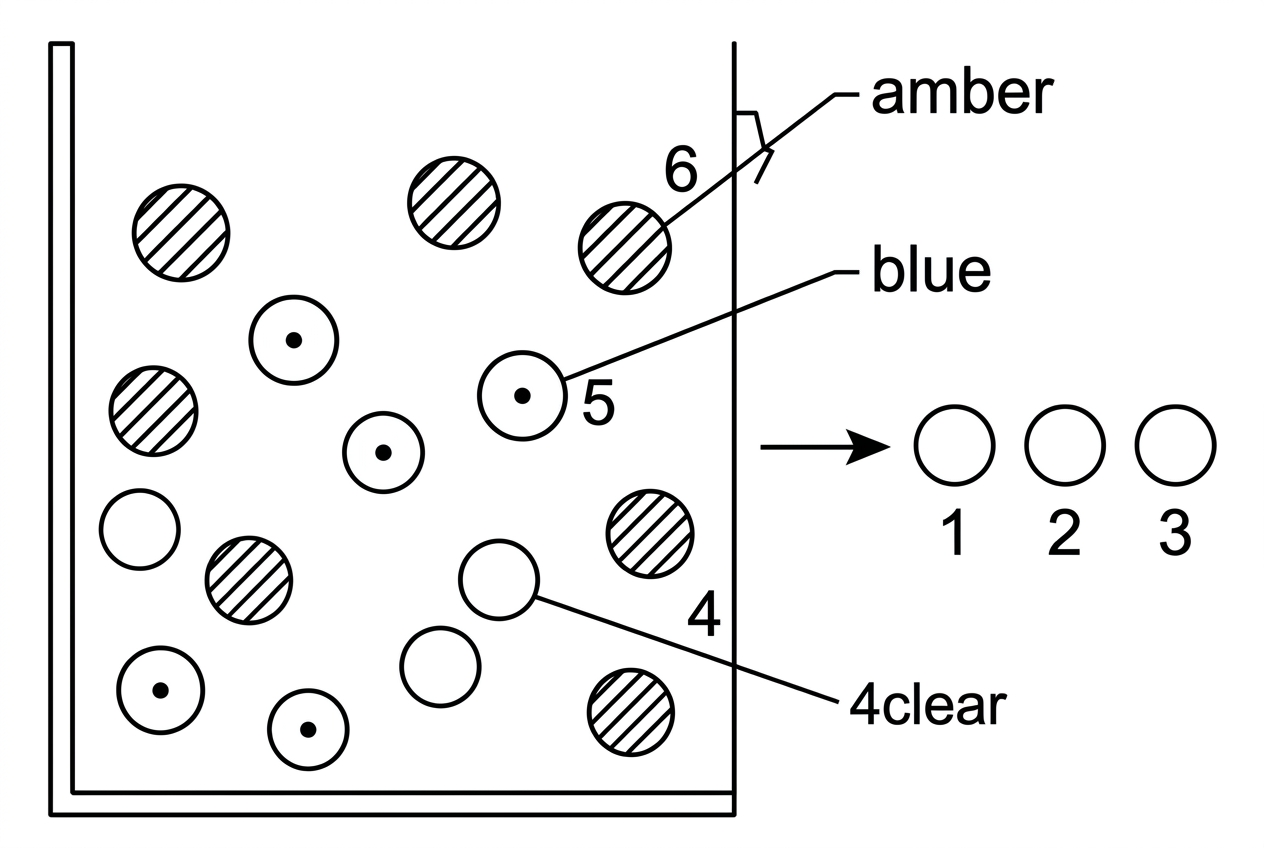 A schematic, non-data illustration of a container with three visibly distinct categories of beads, labelled amber, blue and clear. Do not show numerical bead counts; the quantities are given in the question text.
