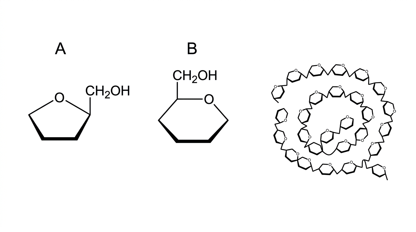 A labelled figure with two ring-form monosaccharide diagrams and a simplified polysaccharide chain. Monosaccharide A is a five-carbon ring-form sugar with one oxygen in the ring; monosaccharide B is a six-carbon ring-form sugar with one oxygen in the ring. The polysaccharide is shown as many glucose units linked in a coiled or branched arrangement, without naming the sugars or polymer.