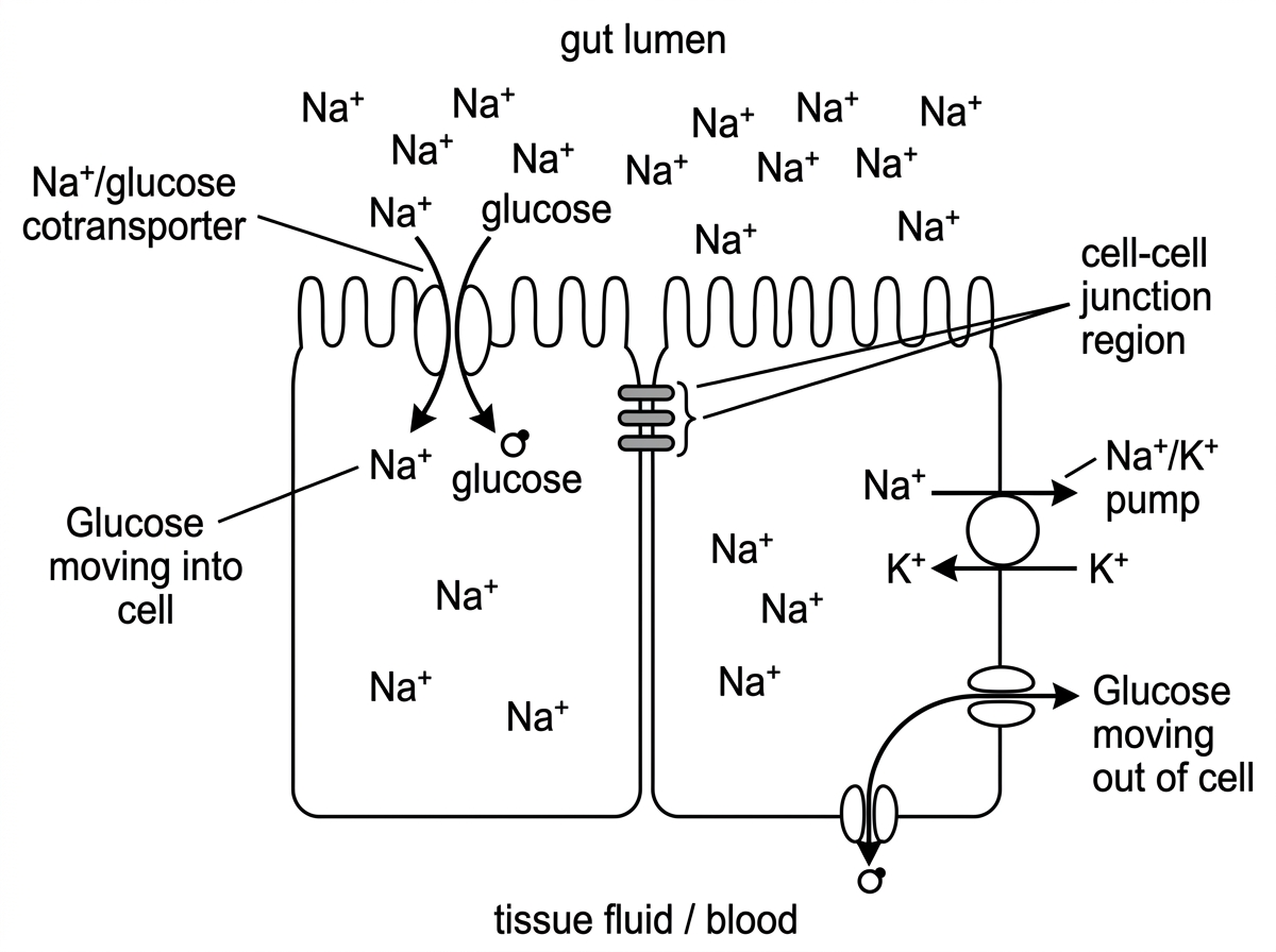 A polarized intestinal epithelial cell diagram. The apical/lumen-facing membrane shows sodium-dependent glucose cotransporters moving $Na^+$ and glucose into the cell from the gut lumen. The basolateral membrane shows sodium-potassium pumps and a route for glucose exit to tissue fluid. Adjacent cells are shown connected by membrane proteins spanning between cells, labelled generally as cell-cell junction region but not naming CAMs. Ion and glucose gradients are indicated qualitatively.