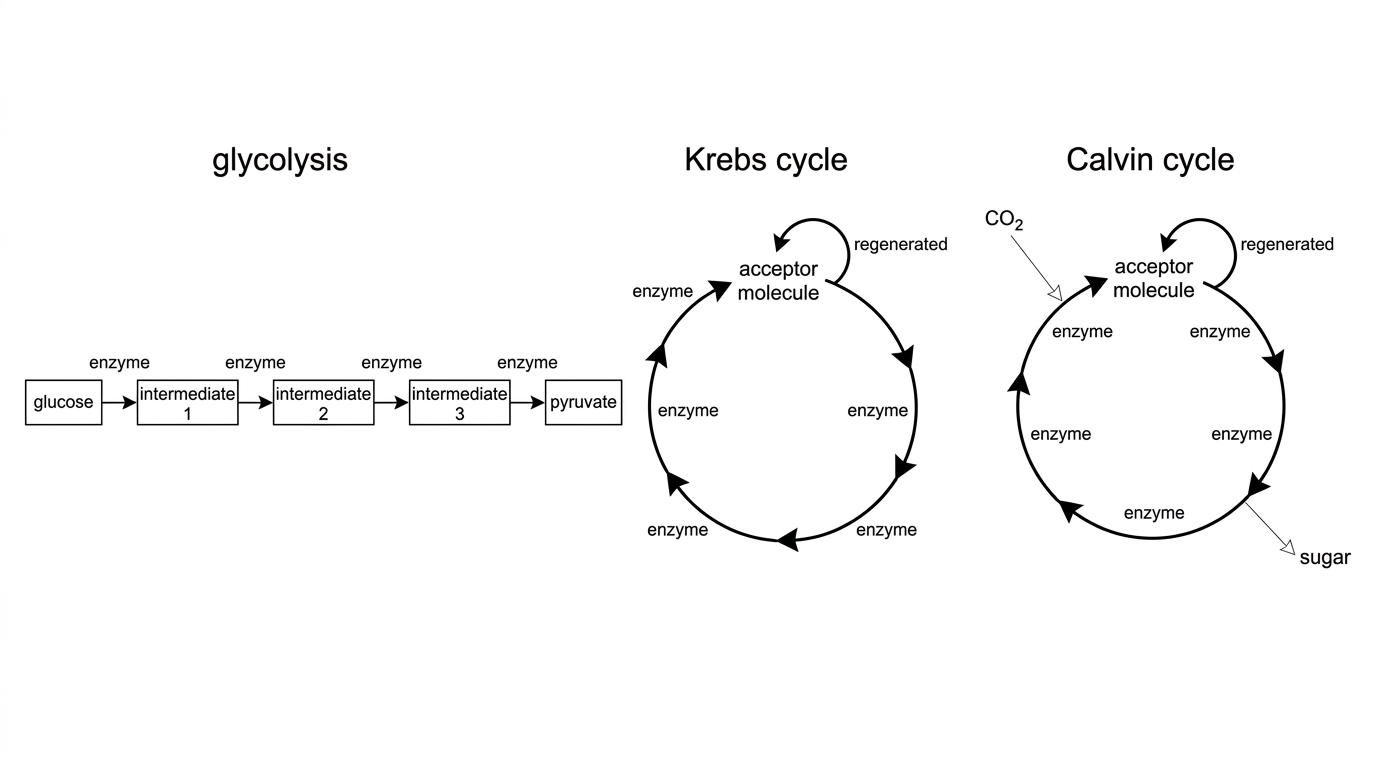 A comparative pathway diagram. One section shows a linear sequence labelled glycolysis, starting with glucose and ending with pyruvate through several intermediates. Two other sections show cyclical pathways labelled Krebs cycle and Calvin cycle, each with a regenerated acceptor molecule and arrows showing repeated turns of the cycle. Enzymes are indicated beside steps without naming individual enzymes.