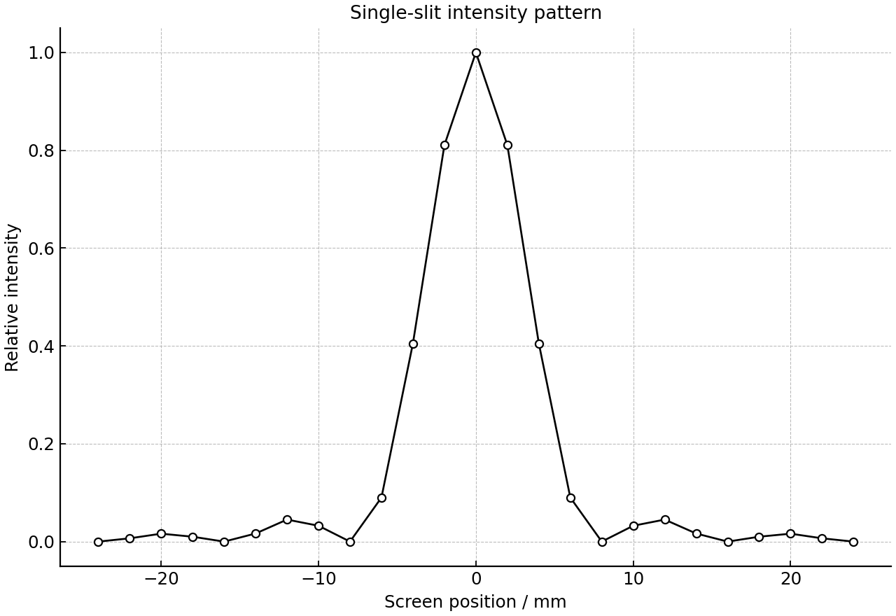 Single-slit intensity pattern on a screen.