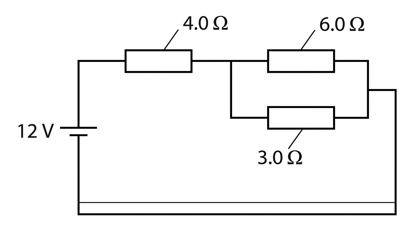 A circuit diagram showing a 12 V ideal dc supply connected to a 4 ohm resistor in series with a parallel network. The parallel network contains a 6 ohm resistor in one branch and a 3 ohm resistor in the other branch. The 4 ohm resistor is clearly labelled as the resistor for which power is required.