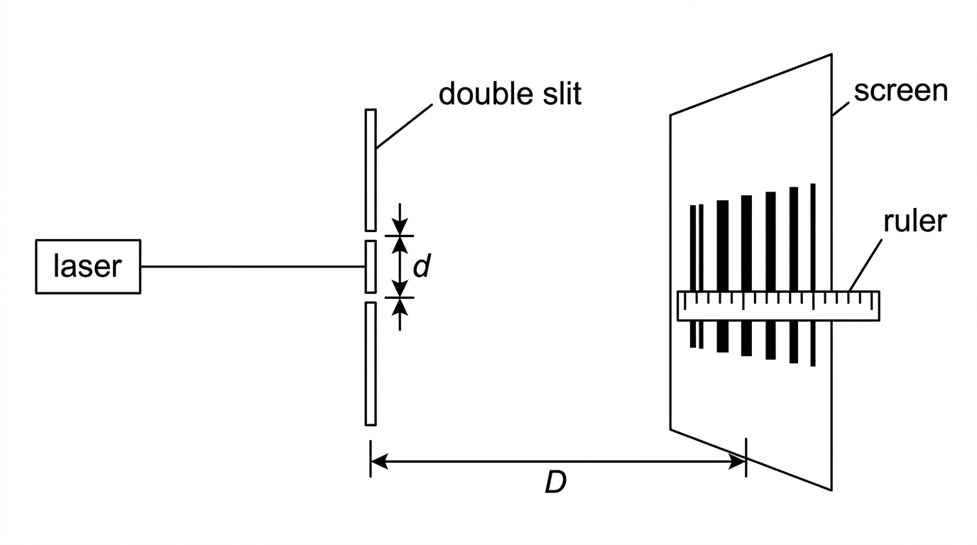 Experimental arrangement: laser, double slit, screen with bright and dark fringes, labelled D, d, and a ruler across several fringes; no numerical values.