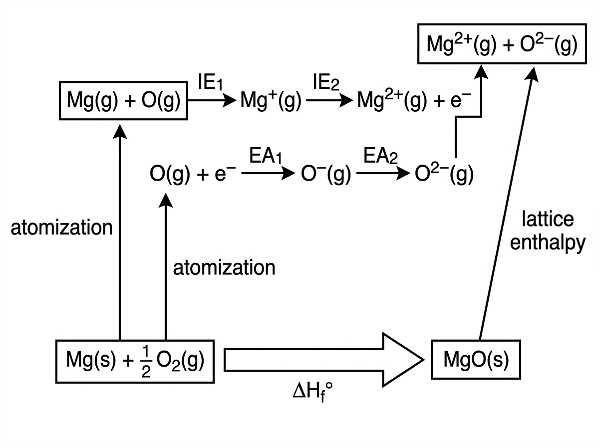 A Born-Haber cycle for magnesium oxide showing formation of MgO(s) from Mg(s) and half a mole of oxygen, atomization to Mg(g) and O(g), ionization to Mg2+(g), electron affinity steps to O2-(g), and lattice separation from MgO(s) to gaseous ions. Arrows and labels are symbolic; numerical values are not inserted into the diagram.