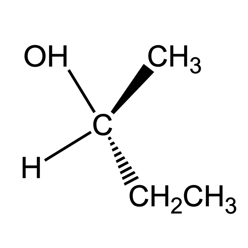 A tetrahedral carbon center bonded to OH, H, CH3 and CH2CH3, with one wedge bond and one dashed bond shown but without indicating a specific absolute configuration.