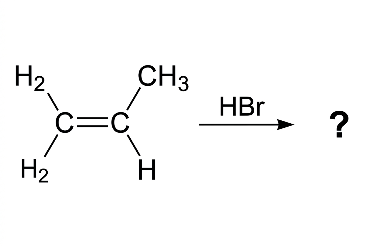 A reaction scheme showing propene on the left and hydrogen bromide above a reaction arrow. The product side is blank or indicated by a question mark. No carbocation or product structure is shown.