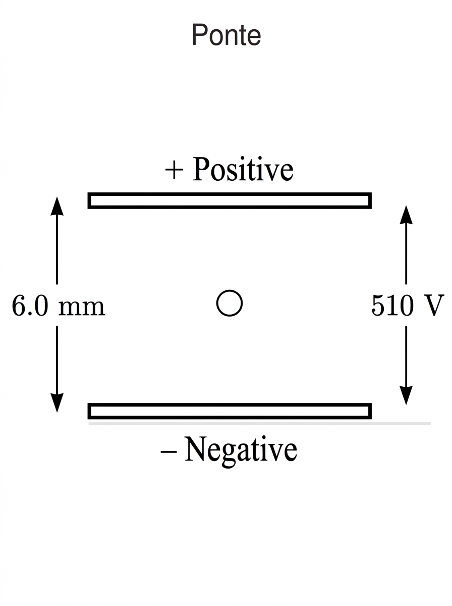A vertical cross-section of two horizontal parallel plates. The upper plate is labelled positive and the lower plate negative. A small oil drop is shown between the plates. The plate separation is labelled $6.0\ \text{mm}$ and the potential difference is labelled $510\ \text{V}$. No force arrows or charge value are shown.