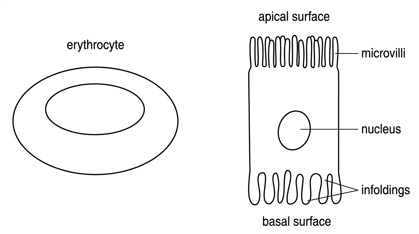 A two-panel diagram. One panel shows a human erythrocyte as a biconcave disc with a thinner centre. The other panel shows a proximal convoluted tubule epithelial cell with an apical surface bearing many microvilli and a basal surface with membrane infoldings. The labels apical surface, basal surface, microvilli and infoldings may be included, but functional explanations should not be shown.