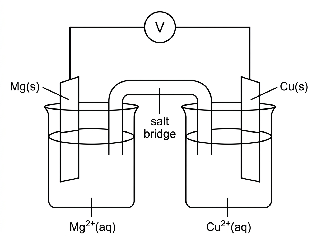A standard voltaic cell diagram showing magnesium and copper half-cells connected by a salt bridge and an external wire with a voltmeter. Labels for the metal electrodes and ion solutions are present, but no electron-flow arrow or polarity signs are shown.