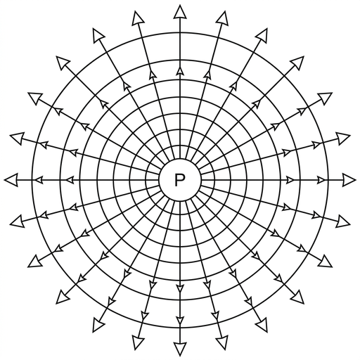 A central circular planet with several concentric circular equipotential surfaces. Straight radial lines cross the circles at right angles, but all arrowheads point outward away from the planet.
