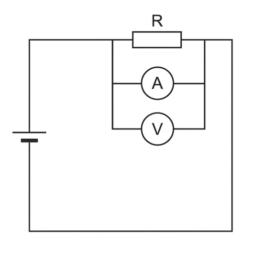 A simple circuit diagram with a cell and resistor R in the main loop. Both the ammeter symbol and voltmeter symbol are drawn in separate branches connected across R. Use standard circuit symbols and equal line weight.