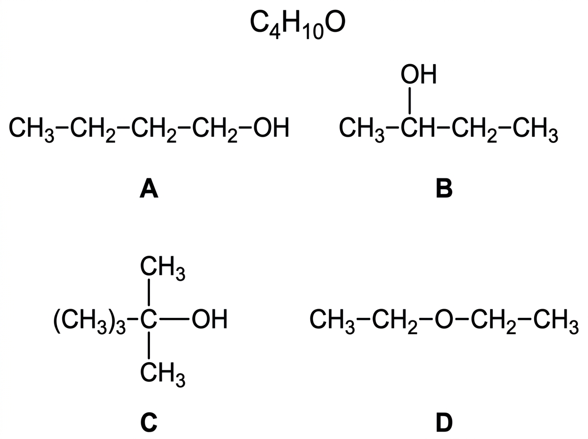Four condensed structural formulas labelled A to D. A is butan-1-ol, B is butan-2-ol, C is 2-methylpropan-2-ol, and D is ethoxyethane. The formulas are displayed without names. Hydroxy and alkoxy groups are visible, and branching in C is clear.