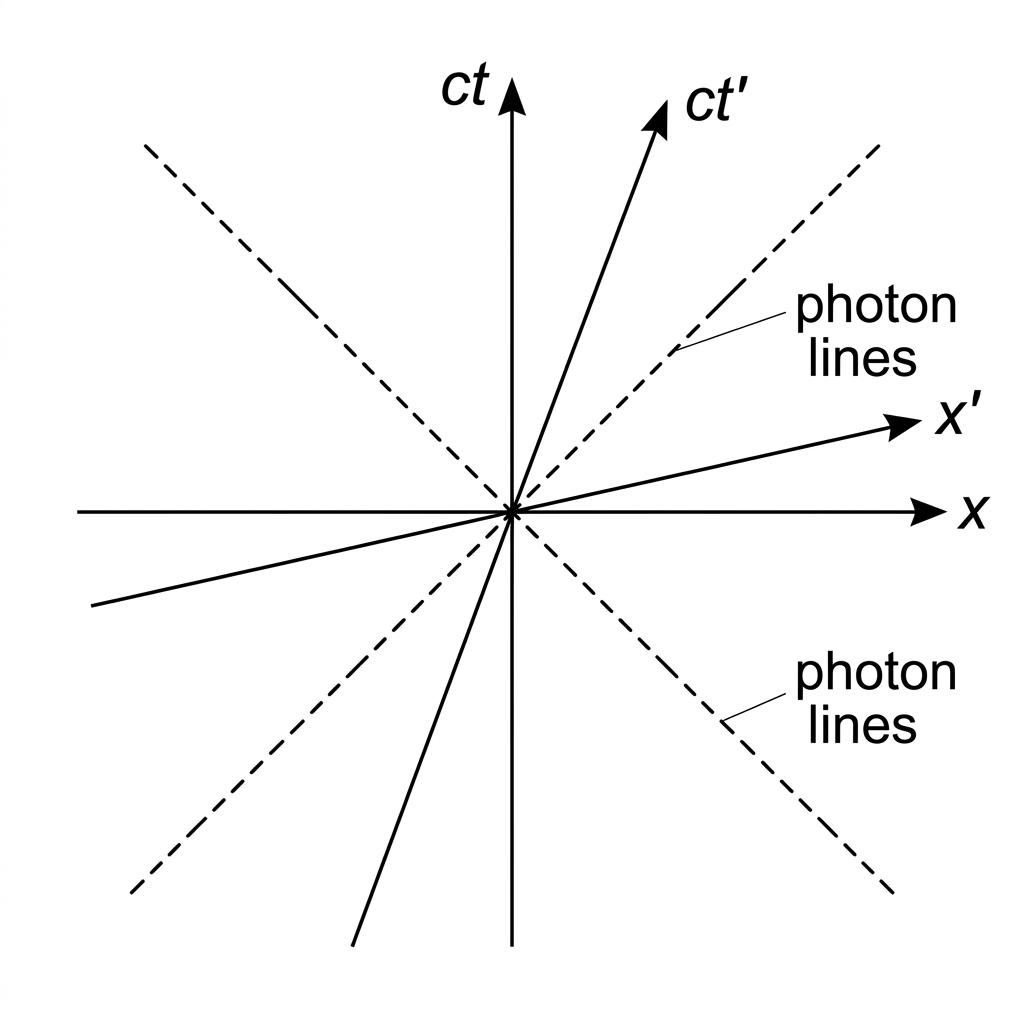 Spacetime diagram with x and ct axes for S and tilted x′ and ct′ axes for S′, including photon lines at 45° and no calibrated tick marks.