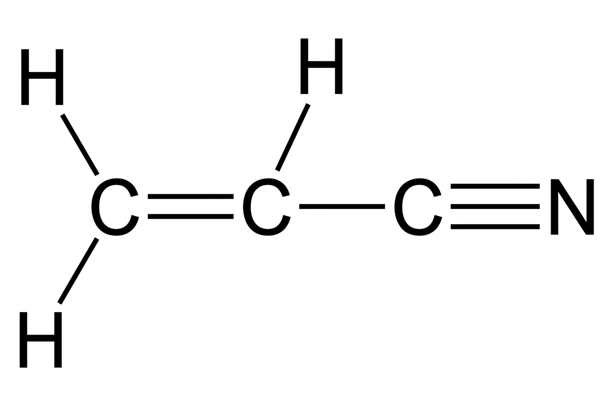 A displayed structural formula of acrylonitrile, H2C=CH-Cā”N, with all atoms labelled and all bonds shown clearly. The C=C double bond and Cā”N triple bond are visible. No sigma or pi labels are shown.