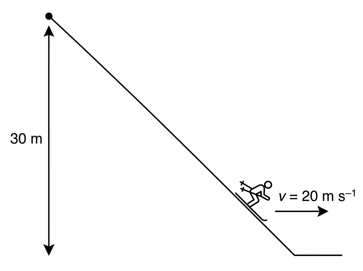 Skier descending a slope with vertical height drop labelled and speed at bottom indicated.