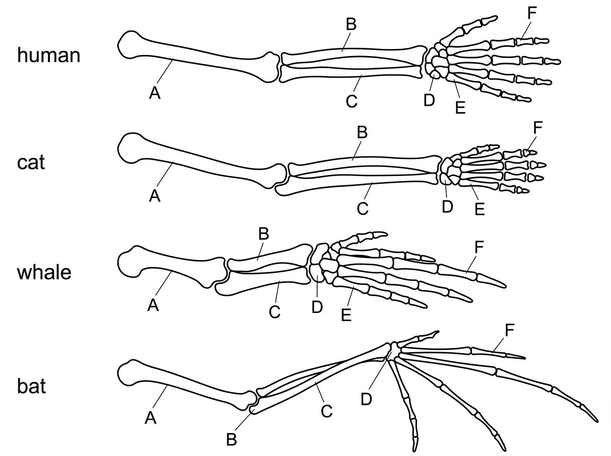 Comparative diagram of four vertebrate forelimbs with corresponding bones labelled by colour or name, showing a conserved pentadactyl pattern modified for different functions.