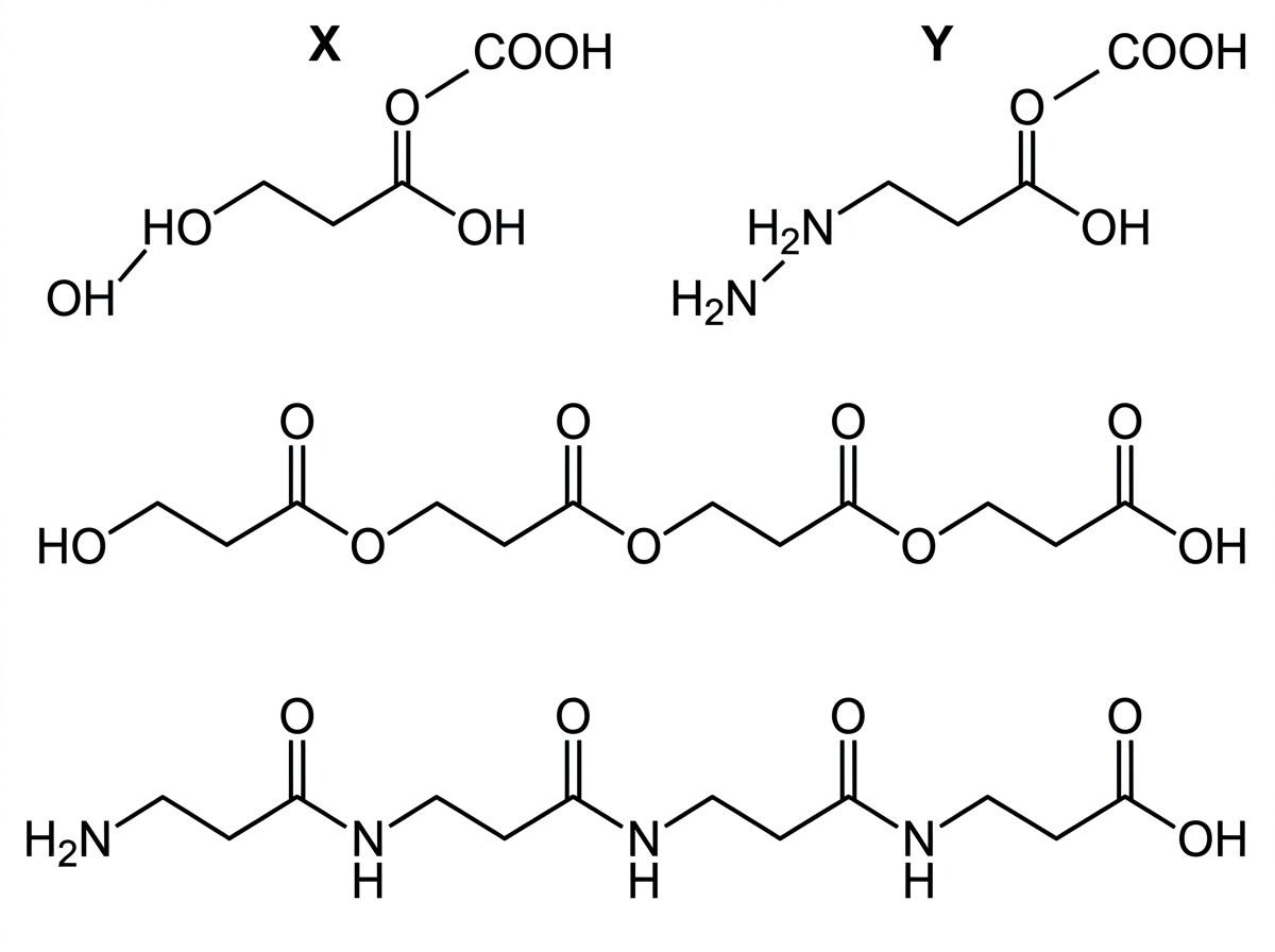 An annotated stimulus showing monomer X as a hydroxycarboxylic acid and monomer Y as an amino acid. The hydroxyl, carboxyl and amino groups are labelled. Two incomplete polymer chain fragments are shown, one with ester linkages and one with amide linkages, but the monomer-to-polymer assignments are not labelled.