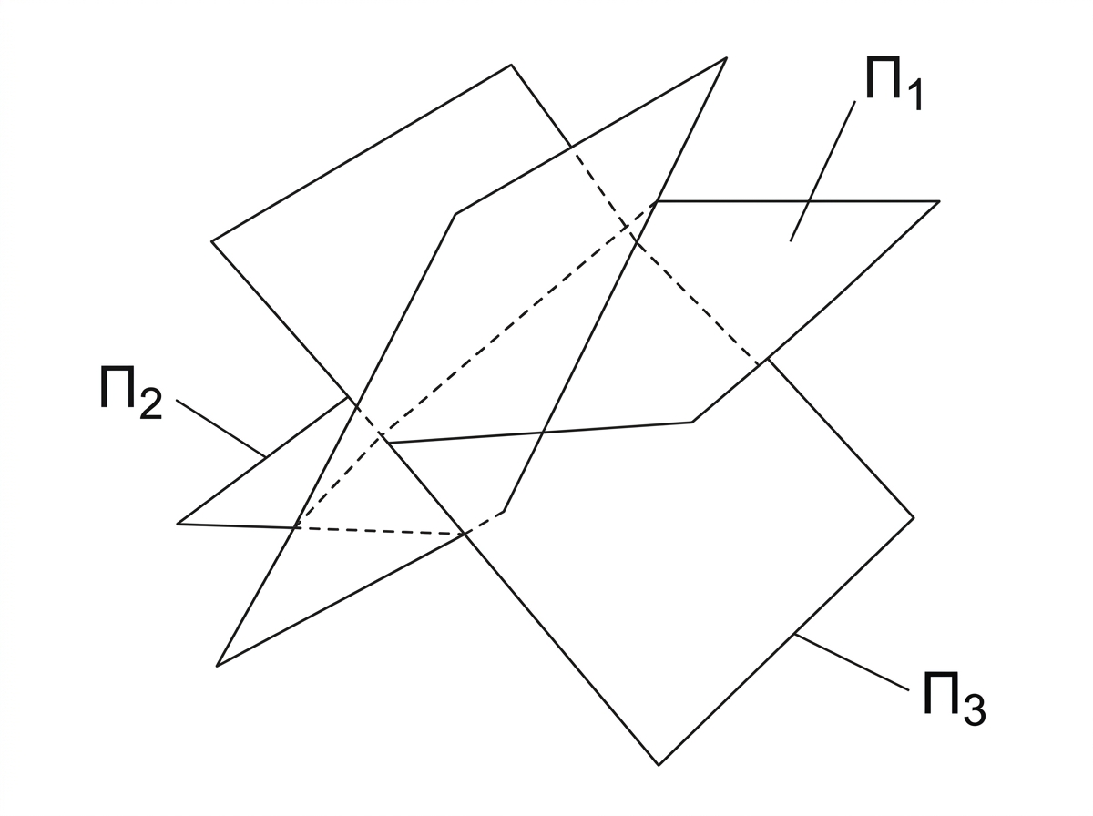 A schematic three-dimensional diagram showing three labelled planes Pi1, Pi2 and Pi3. The diagram should suggest that, depending on parameters, three planes may meet at a point, share a line, or have no common point. No specific coordinates or equations are shown in the diagram.