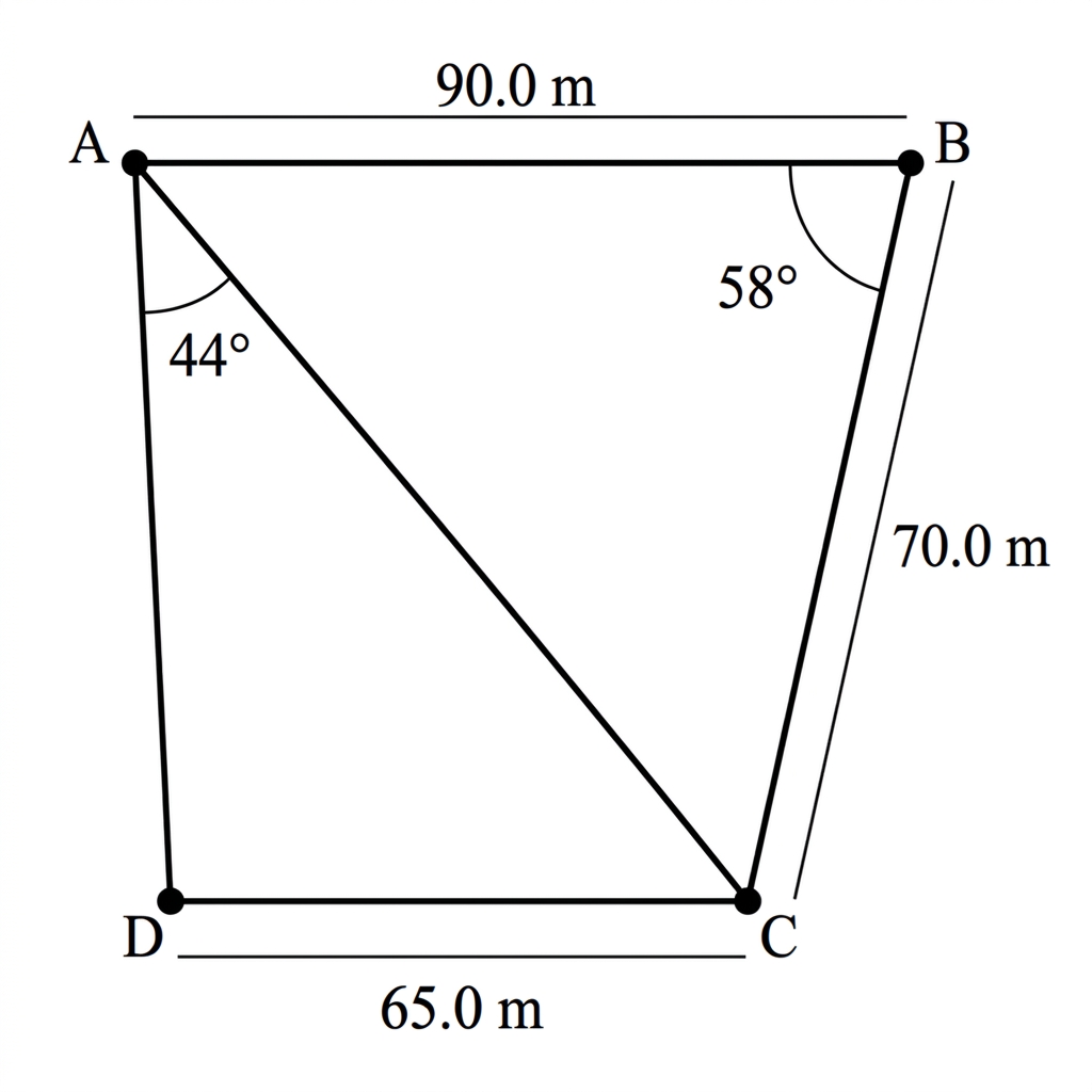 An irregular quadrilateral ABCD divided into triangles ABC and ACD by diagonal AC, with all given side lengths and angles labelled; 65.0 m is labelled on side AD, not side DC.