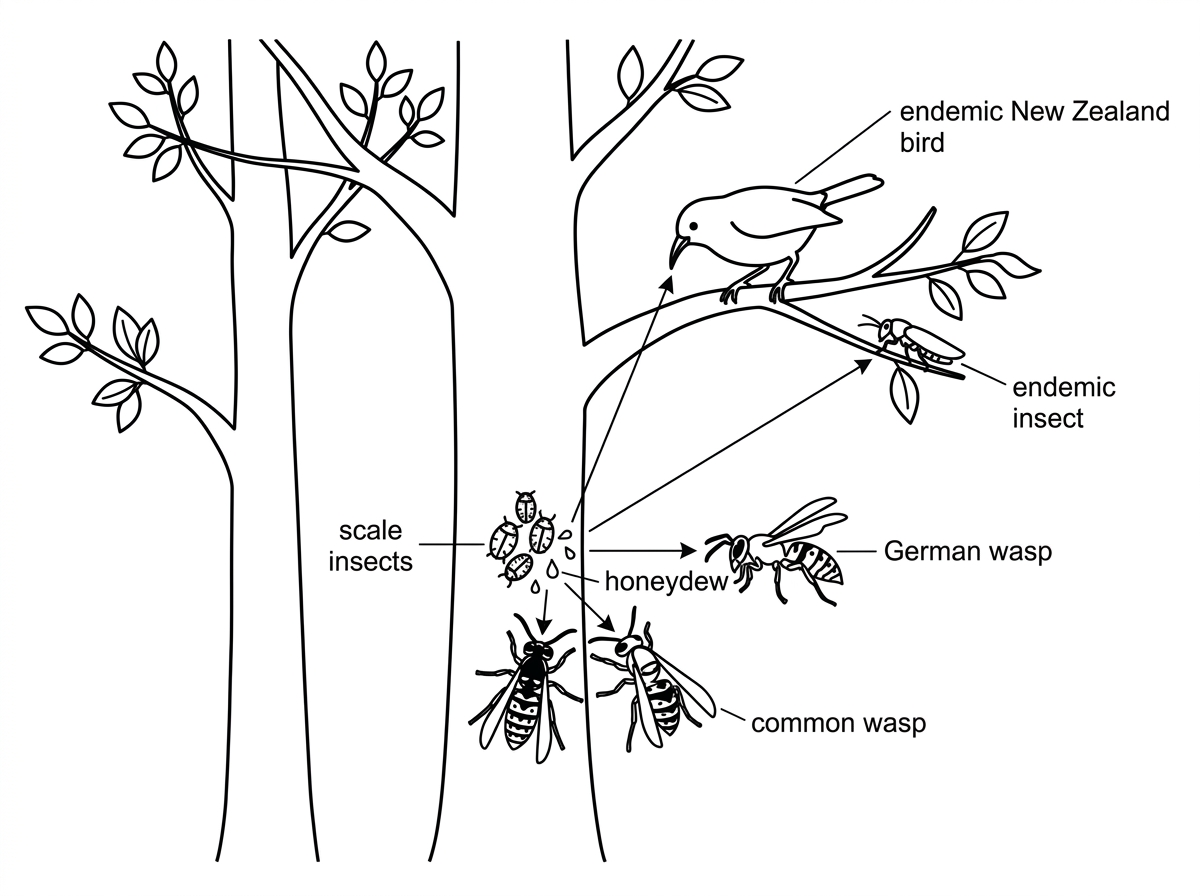A beech-forest interaction diagram showing beech trees with scale insects producing honeydew, introduced wasps feeding on honeydew, and endemic birds and insects also feeding on honeydew. The diagram should show shared resource use without stating which species has a competitive advantage.