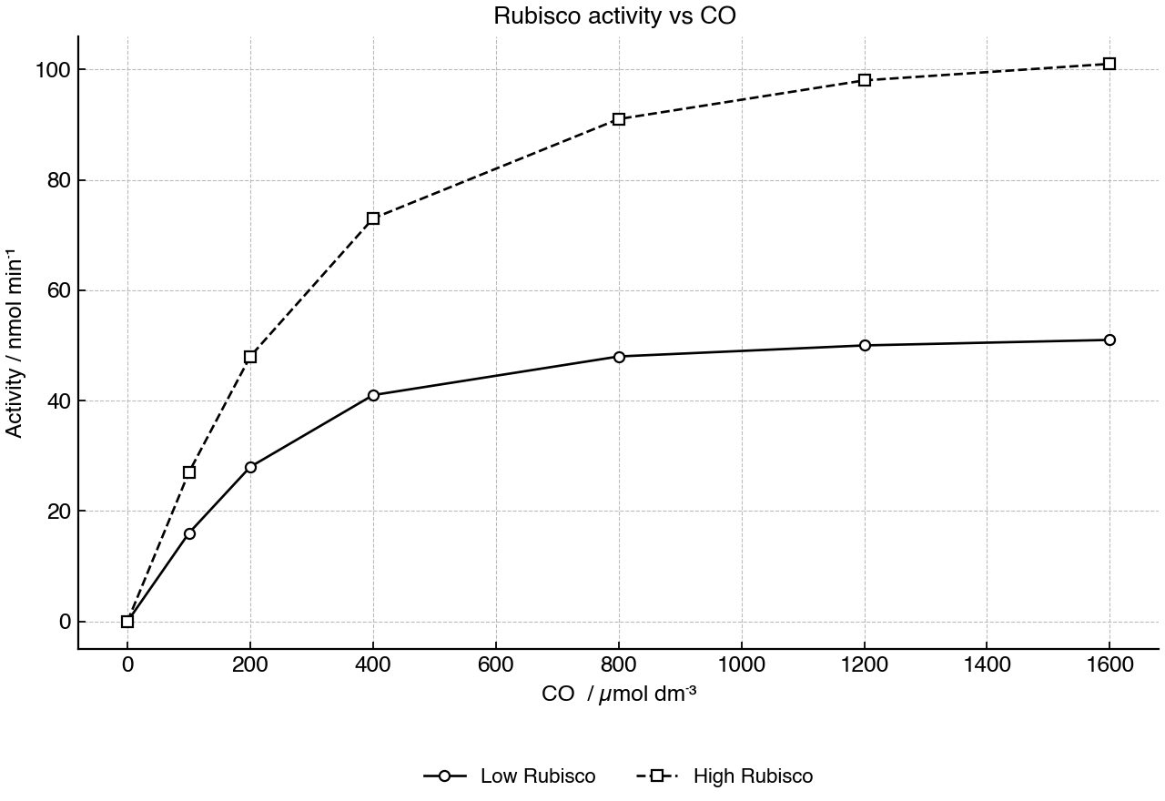 Rubisco activity measured at different carbon dioxide concentrations for chloroplast extracts with low or high Rubisco concentration.