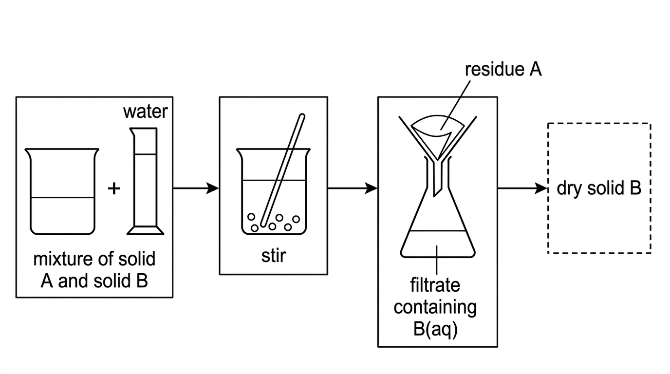 Flow chart: mixture plus water, stirring, filtration giving residue A and filtrate containing B(aq), then final blank step to dry B.