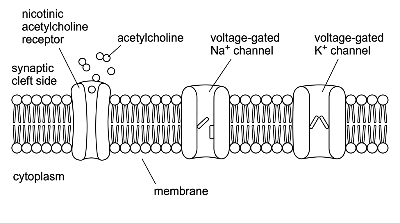 A neuron membrane diagram with a labelled synaptic cleft side, acetylcholine molecules near one receptor channel, and separate voltage-gated Na⁺ and K⁺ channels; no ion movements are shown.